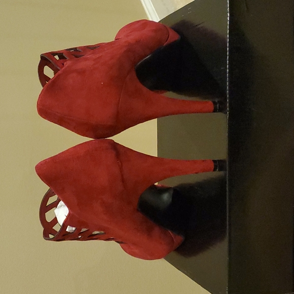 Red Faux Suede Bootie Heel - Picture 3 of 4